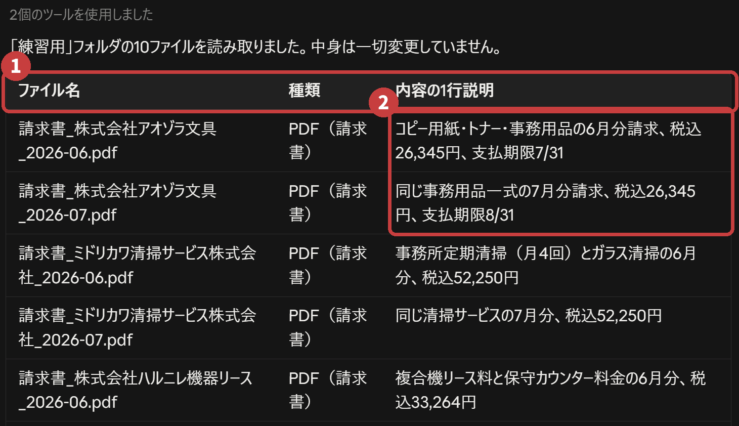 フォルダの中身が一覧表になった。人は一文字も打っていない(2026年9月)
