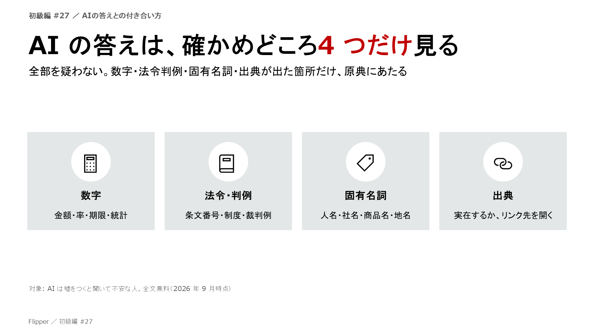AI の答えは、確かめどころ4 つだけ見る。全部を疑わない。数字・法令判例・固有名詞・出典が出た箇所だけ、原典にあたる。数字、法令・判例、固有名詞、出典