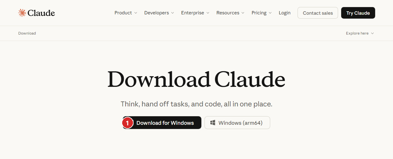 Claude のダウンロードのページ。中央の「Download for Windows」に赤丸①(2026年9月25日)