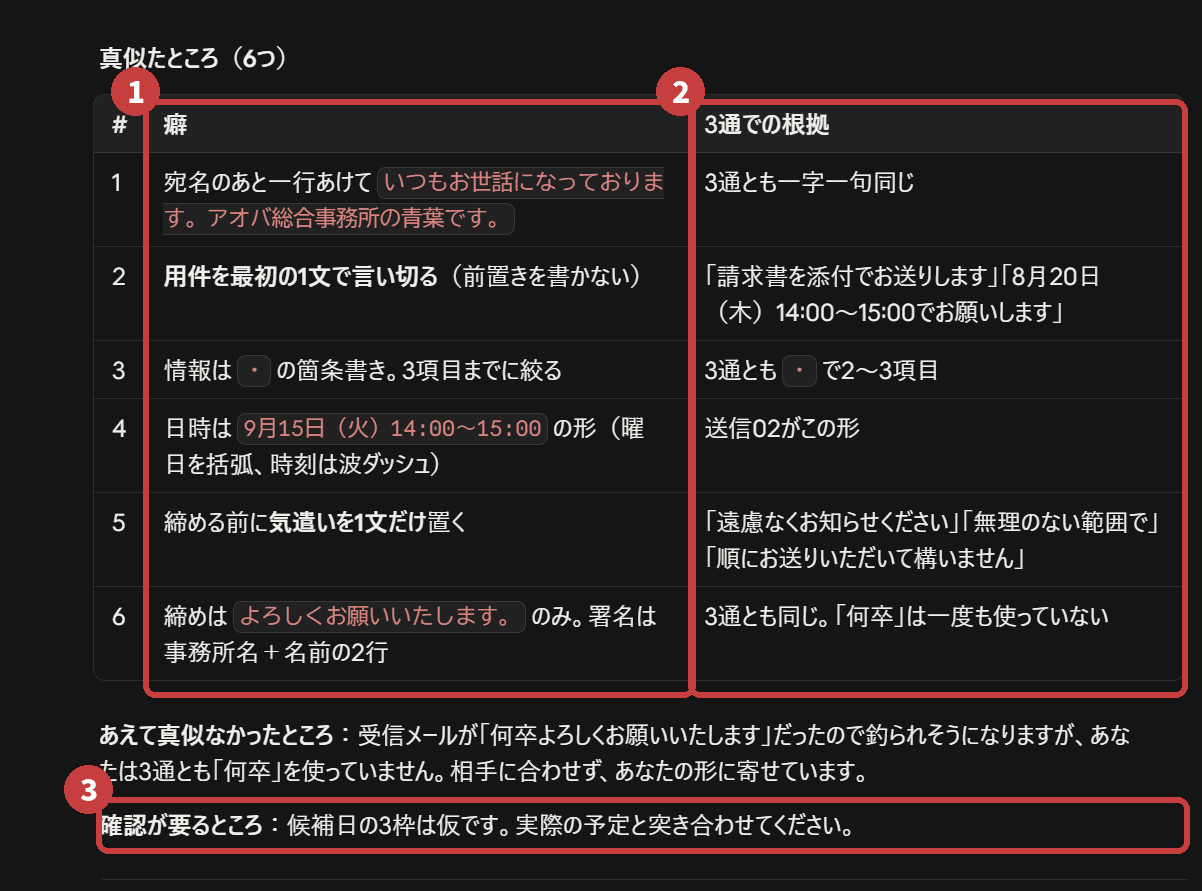 真似た点と、その根拠が1対1で並ぶ