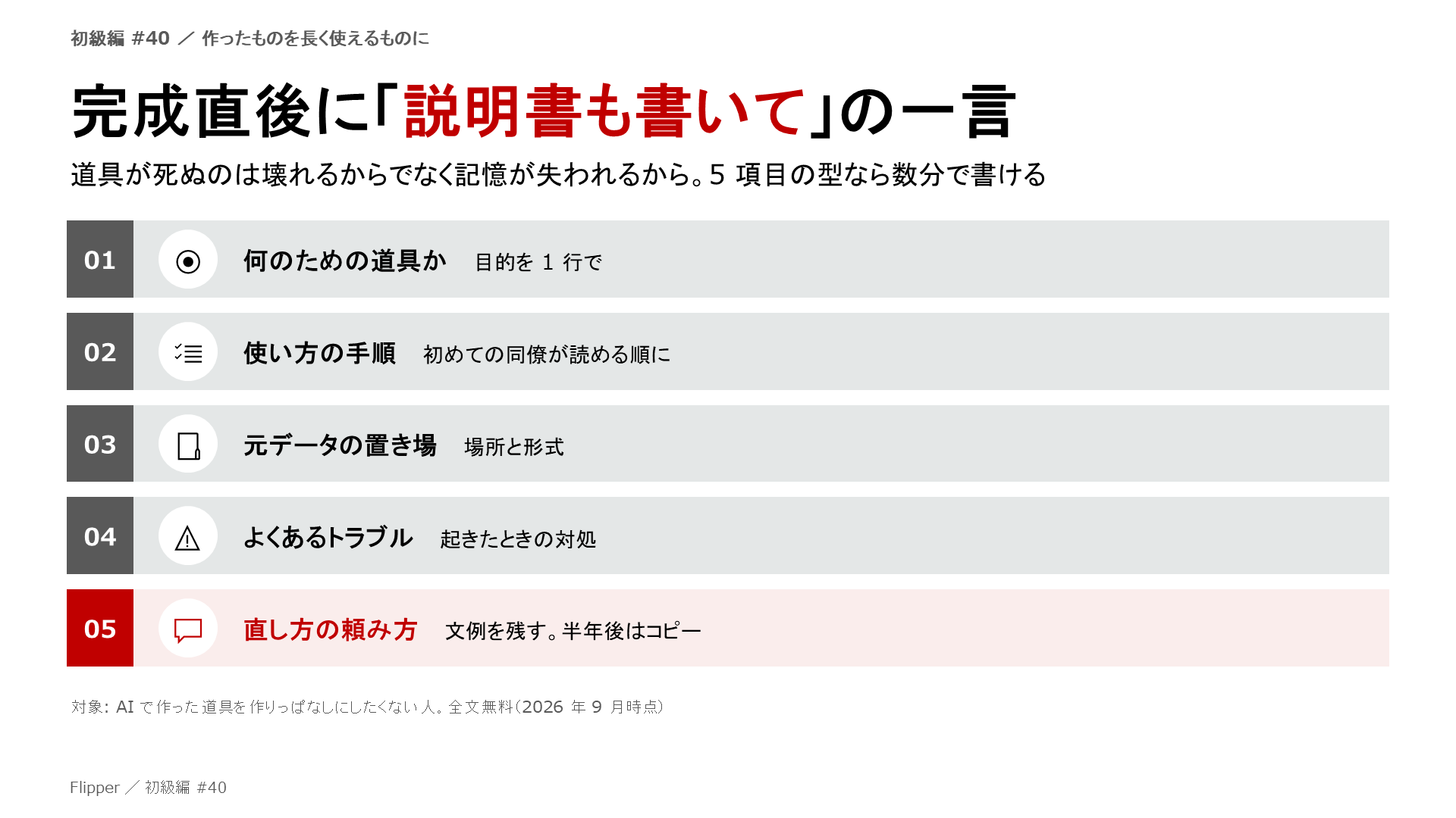 完成直後に「説明書も書いて」の一言。道具が死ぬのは壊れるからでなく記憶が失われるから。5 項目の型なら数分で書ける。何のための道具か、使い方の手順、元データの置き場、よくあるトラブル、直し方の頼み方
