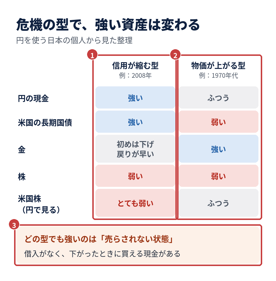 危機の型で強い資産は変わる。信用が縮む型と物価が上がる型の2列で、円の現金・米国の長期国債・金・株・円で見た米国株の強さを比べた表